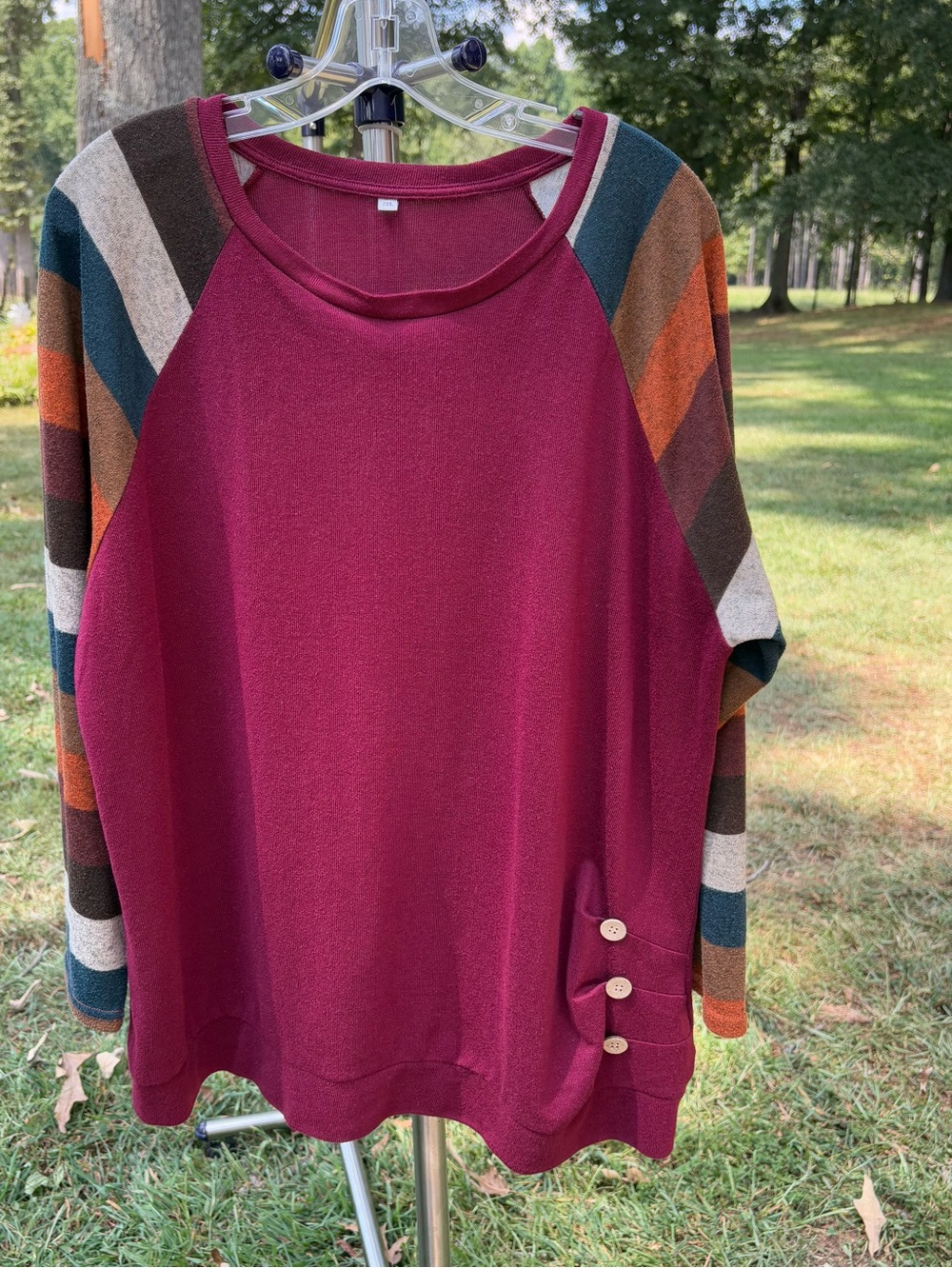 Women's Burgundy Crewneck Sweater with Striped Raglan Sleeves - Size 2X